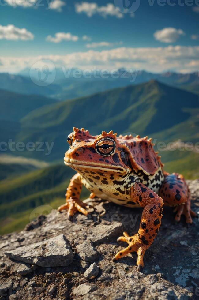 A colorful frog perched on a rocky ledge with a mountainous landscape in the background. photo
