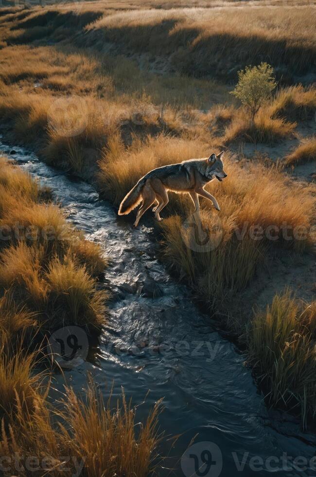 A coyote traverses a stream amid golden grasses in a serene natural landscape. photo
