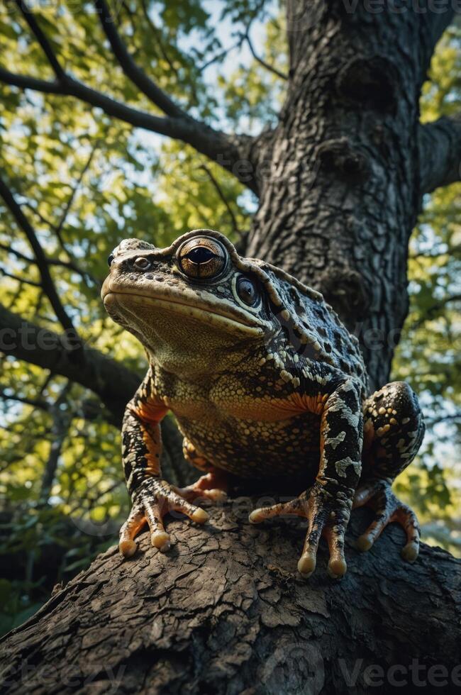 A close-up of a frog perched on a tree trunk, surrounded by lush greenery. photo
