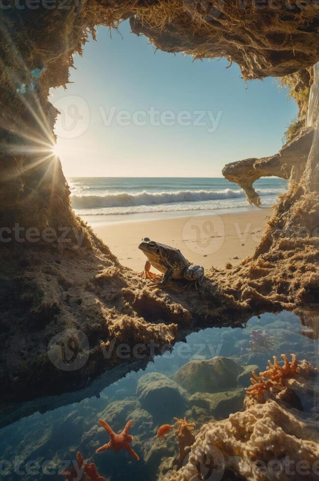 A serene beach scene framed by rocks, featuring a frog and starfish in tidal pools. photo
