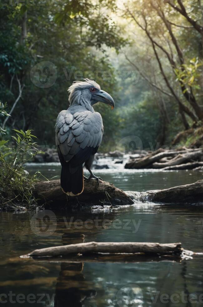 A majestic bird stands by a serene stream in a lush, green forest. photo
