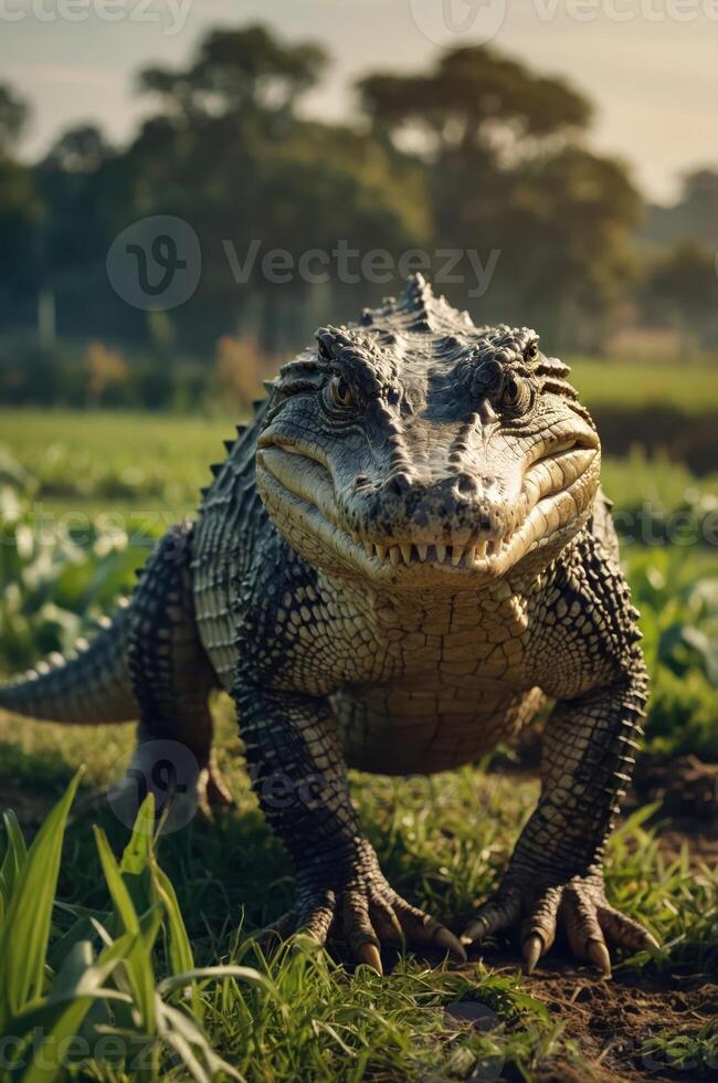 A close-up of a crocodile in a natural setting, showcasing its textured skin and posture. photo