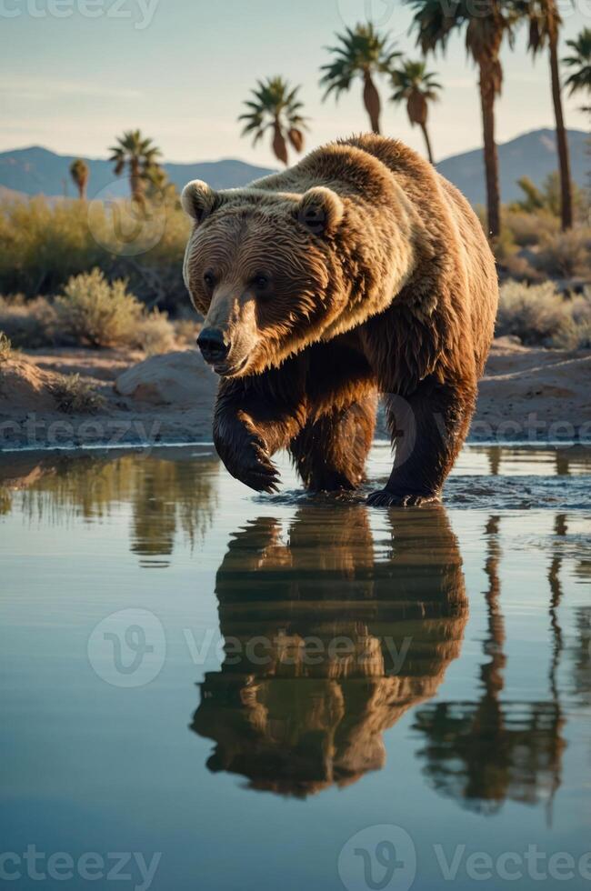 A bear wades through shallow water, reflecting its image against a backdrop of palm trees. photo