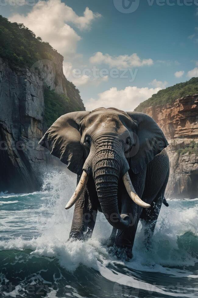 An elephant emerges from ocean waves, surrounded by cliffs and a dramatic sky. photo