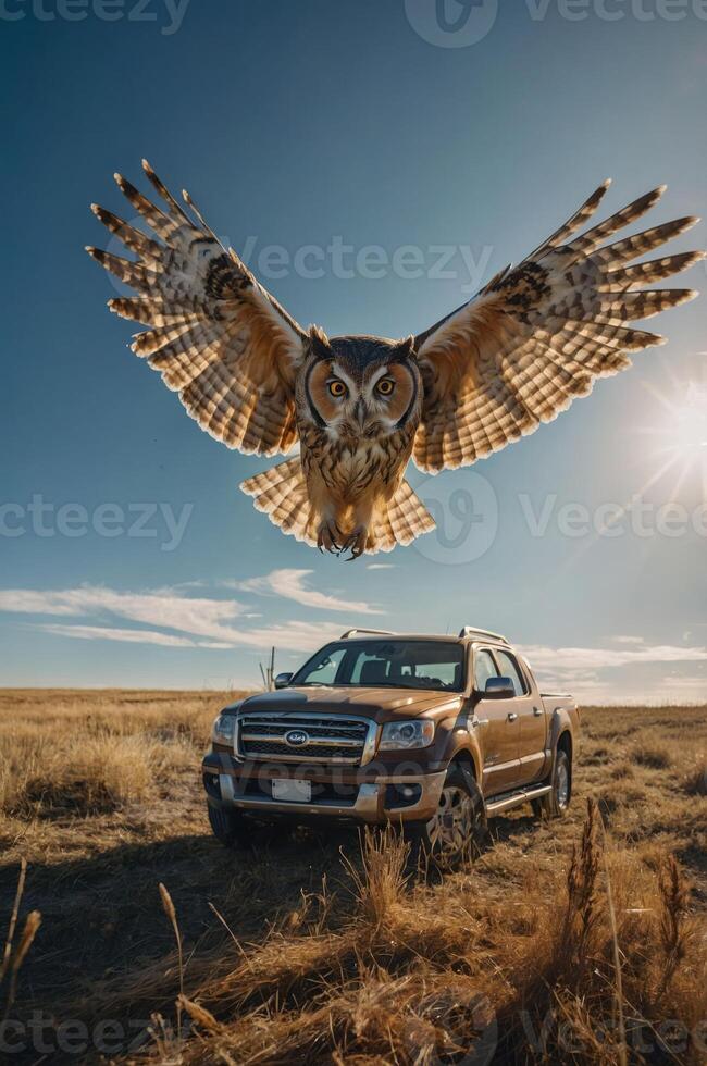 An owl flies above a truck in a vast, open field under a bright sky. photo