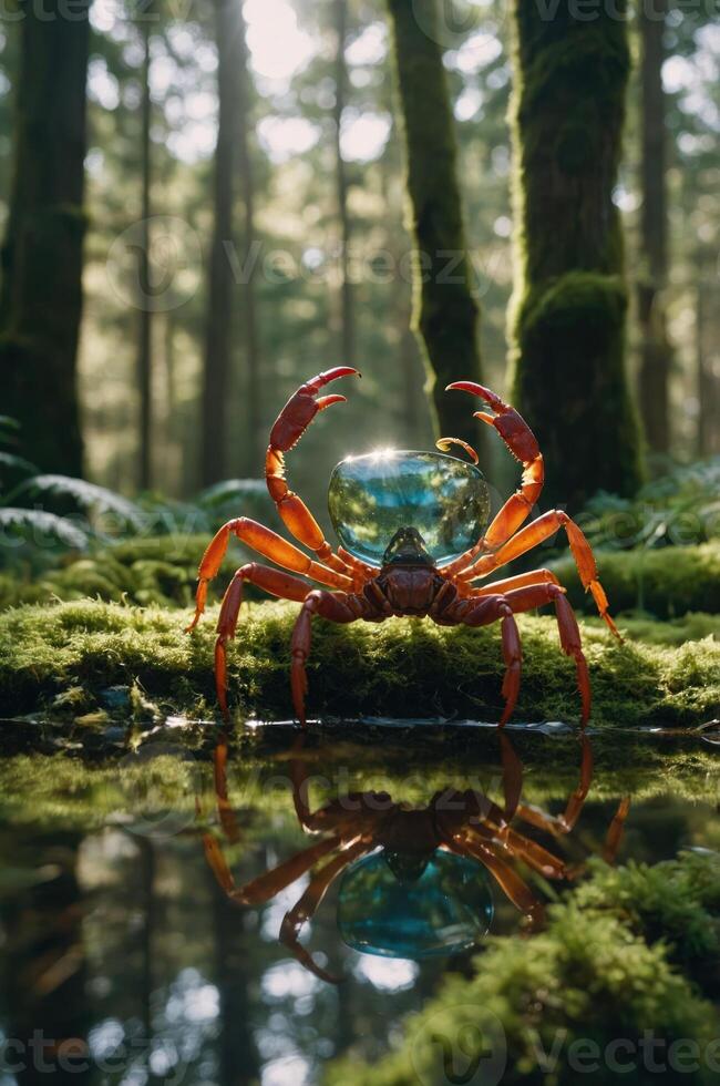 A vibrant crab stands in a forest, reflecting in water, showcasing nature's beauty. photo