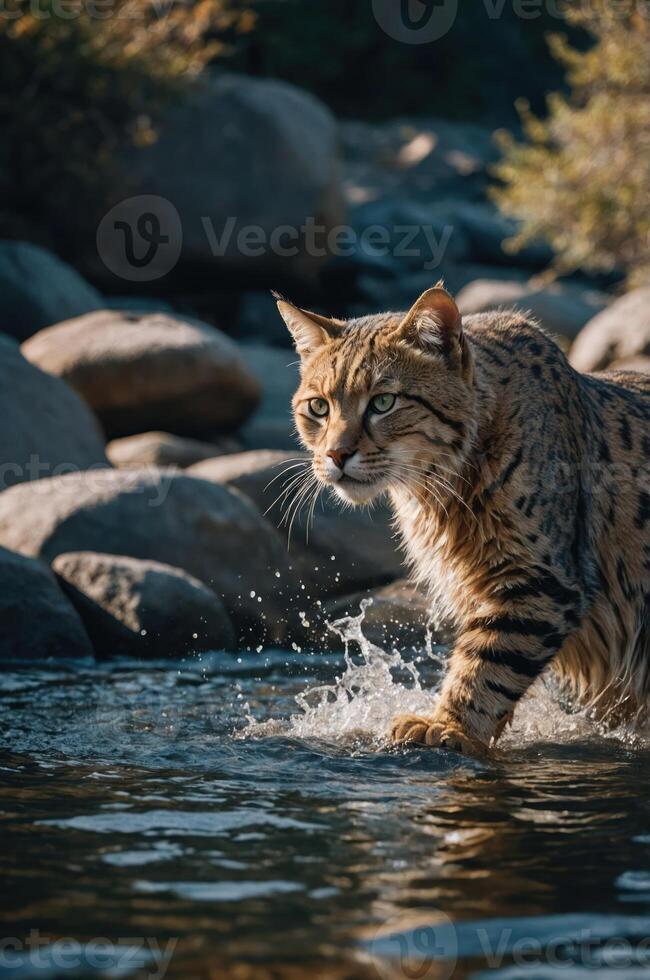 A wild cat wades through water, creating splashes amidst rocky surroundings. photo