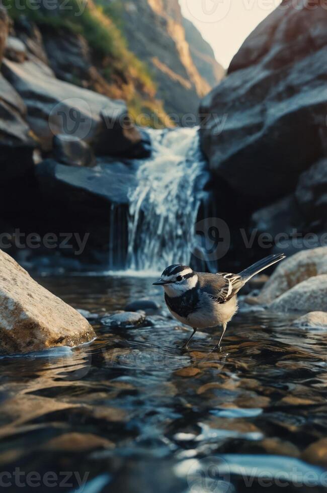 A bird wades in a stream near a waterfall, surrounded by rocks in a scenic landscape. photo