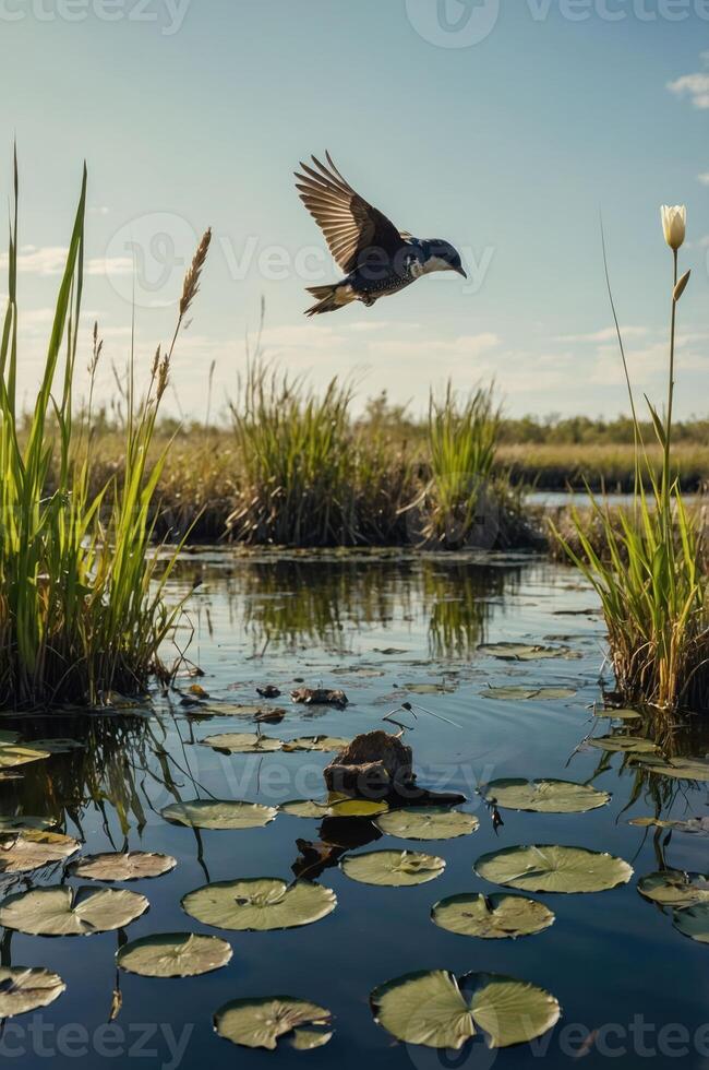 A serene wetland scene featuring a bird in flight above lily pads and reeds. photo