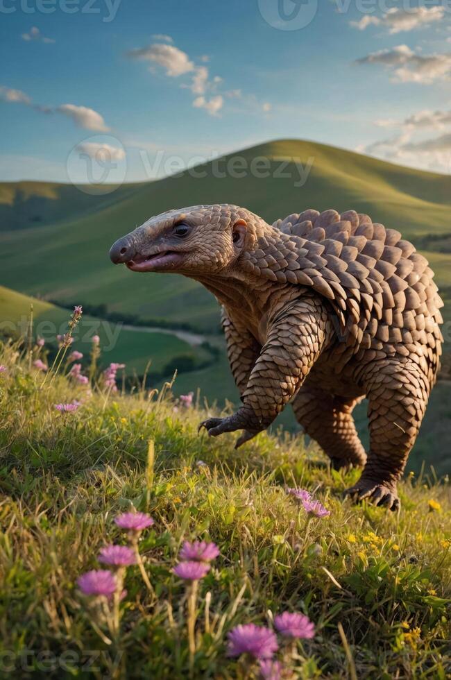 A pangolin walking through a field of flowers with rolling hills in the background. photo