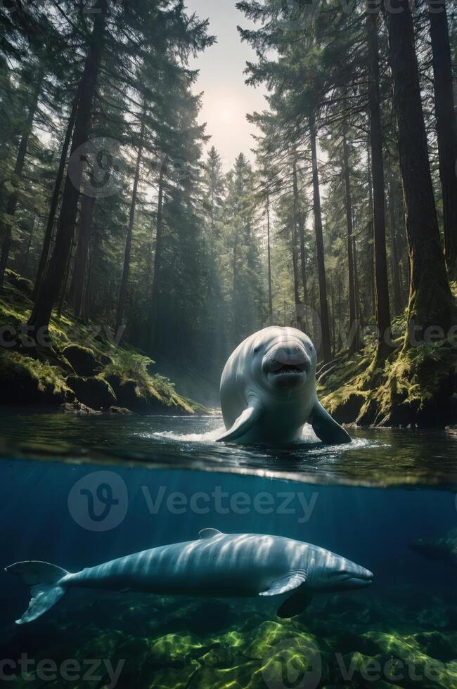 A serene forest scene featuring a beluga whale and a dolphin in a tranquil river environment. photo