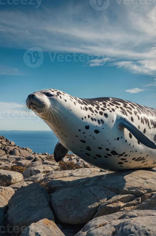 A seal resting on rocky terrain with a scenic coastal backdrop under a clear blue sky. photo