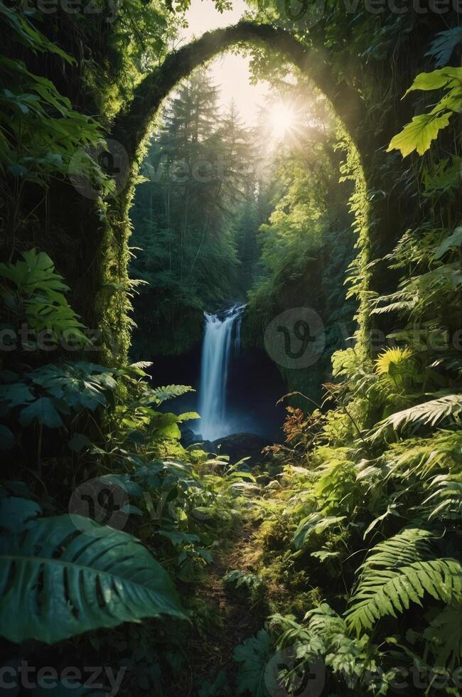 A serene forest scene featuring a waterfall framed by lush greenery and sunlight. photo