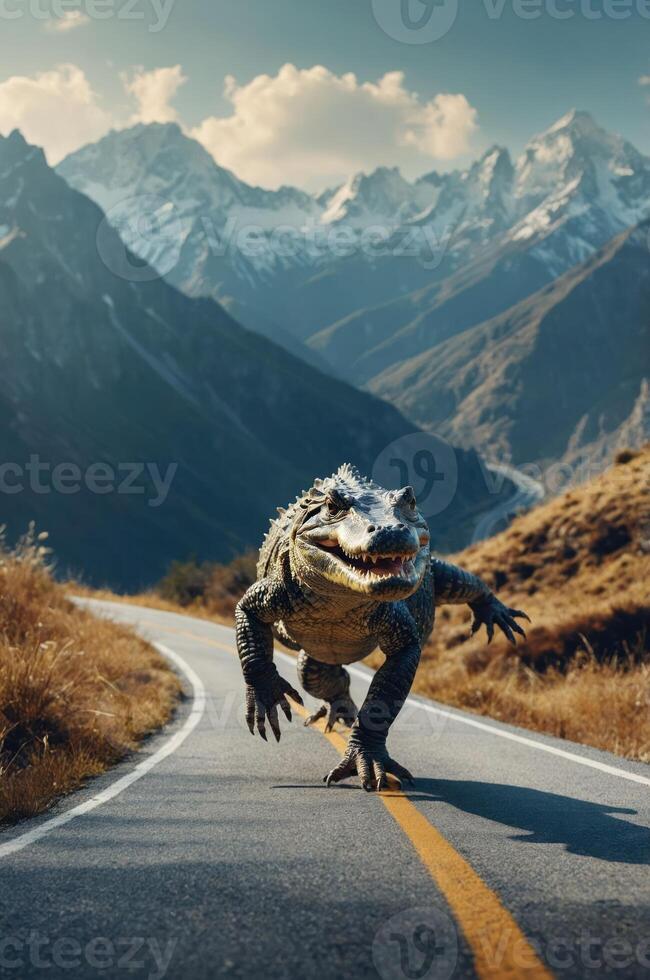 A fantastical creature resembling a dinosaur runs along a scenic mountain road. photo