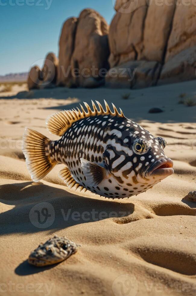 A fish with a striking pattern rests on sandy terrain under a clear blue sky. photo