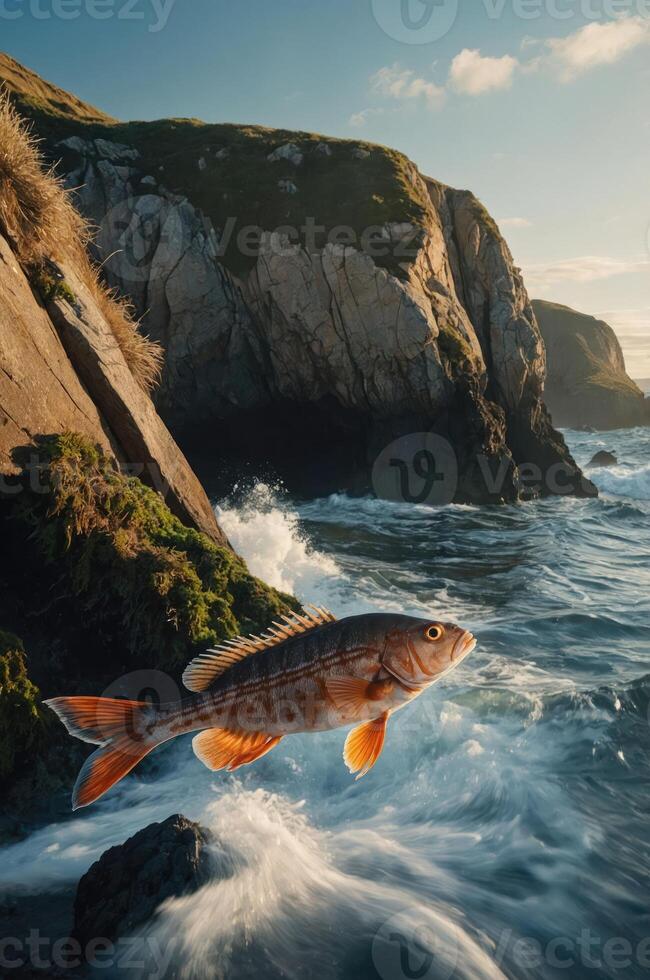 A fish leaps above crashing waves near a rugged coastline at sunset. photo
