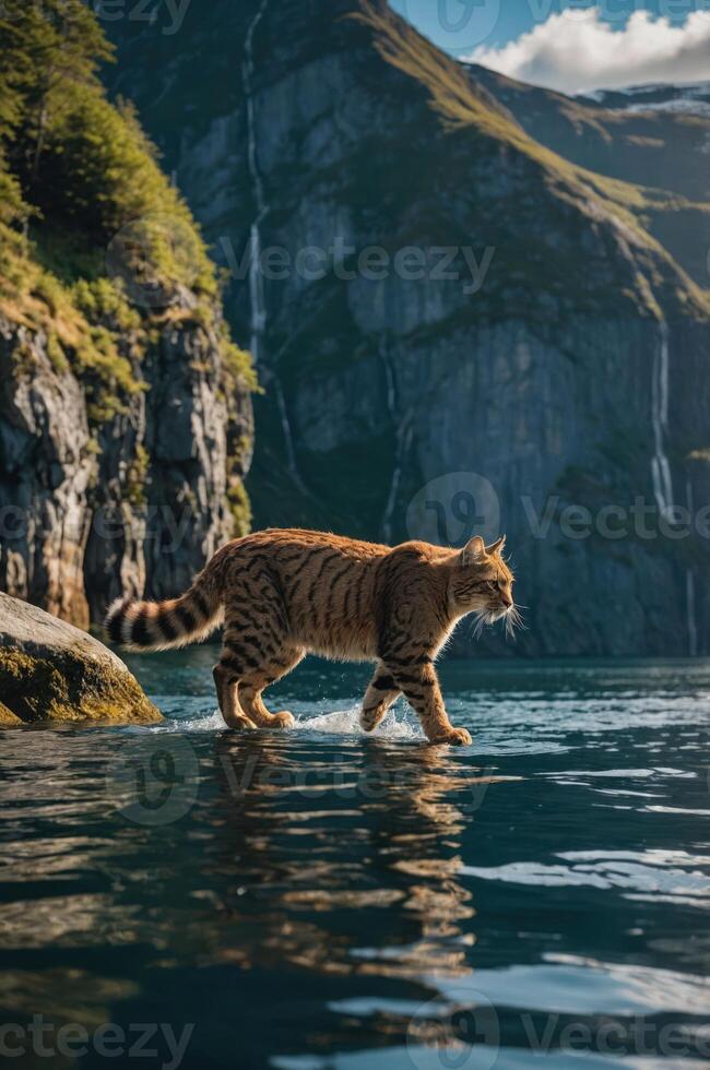 A tiger walking through calm waters with mountains in the background. photo