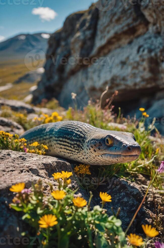 A close-up of a colorful lizard resting among vibrant wildflowers and rocky terrain. photo