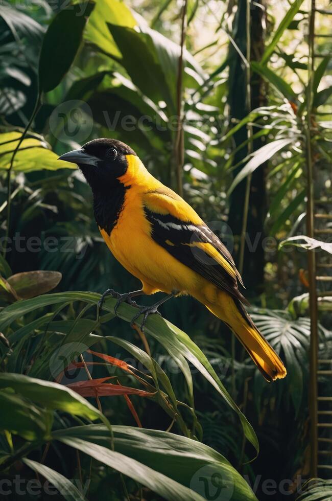 A vibrant yellow bird perched among lush green foliage in a tropical setting. photo