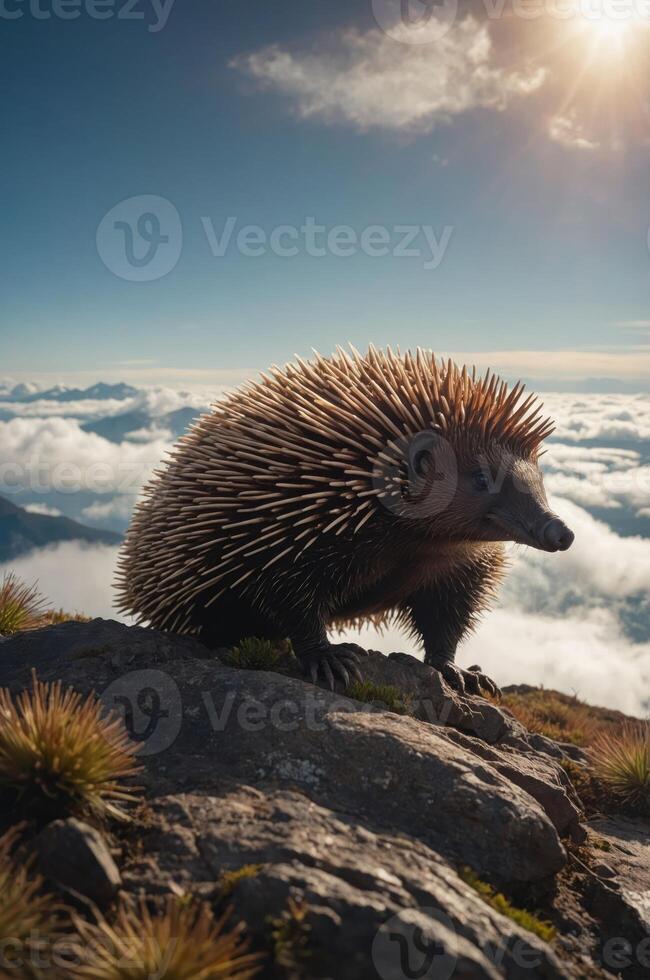 An echidna stands on a rocky surface against a backdrop of clouds and sunlight. photo