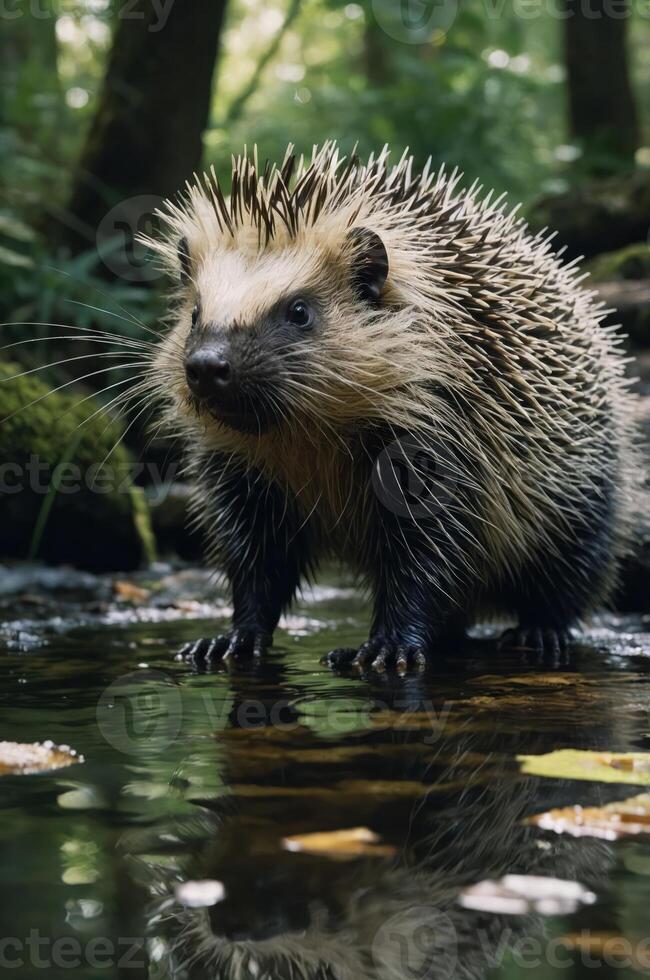 A porcupine standing in a shallow stream surrounded by lush greenery. photo