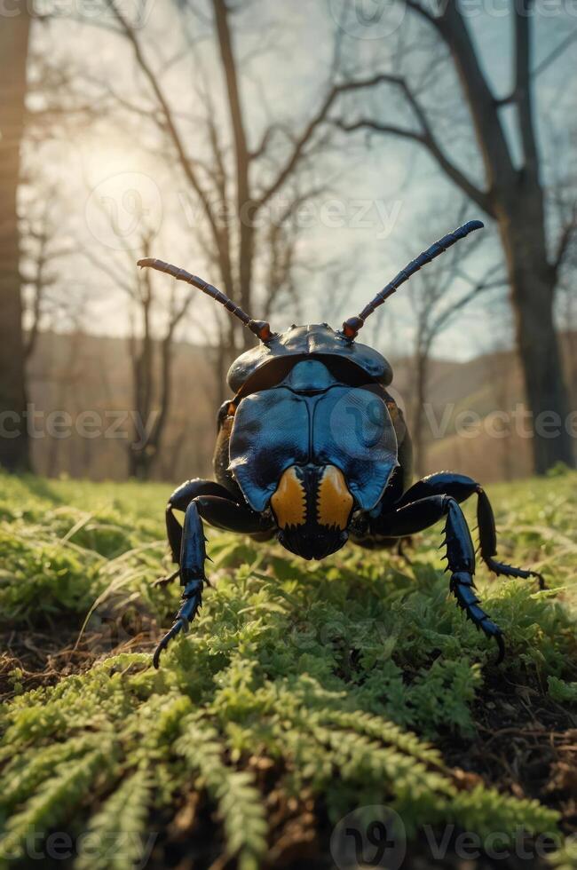 A close-up of a large beetle in a sunlit forest setting. photo