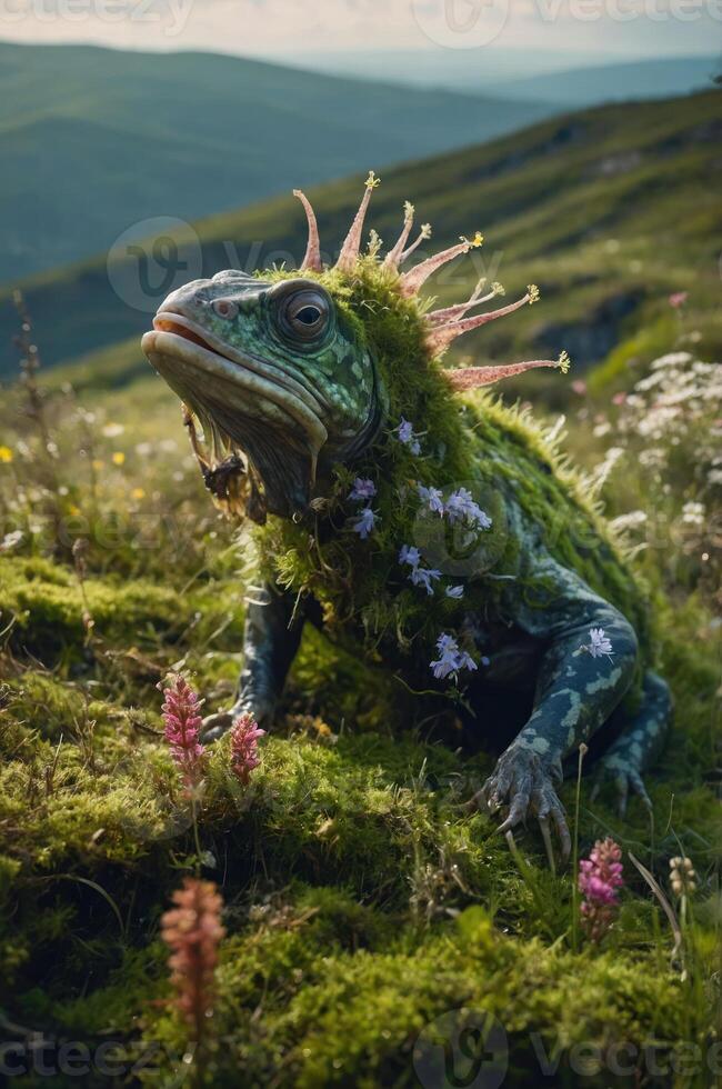 A whimsical creature resembling a frog, adorned with moss and flowers, in a lush landscape. photo