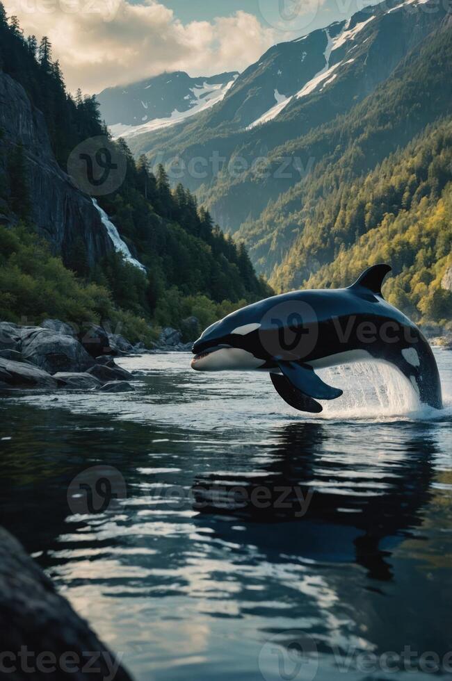 A majestic orca breaches the surface in a serene mountain landscape. photo