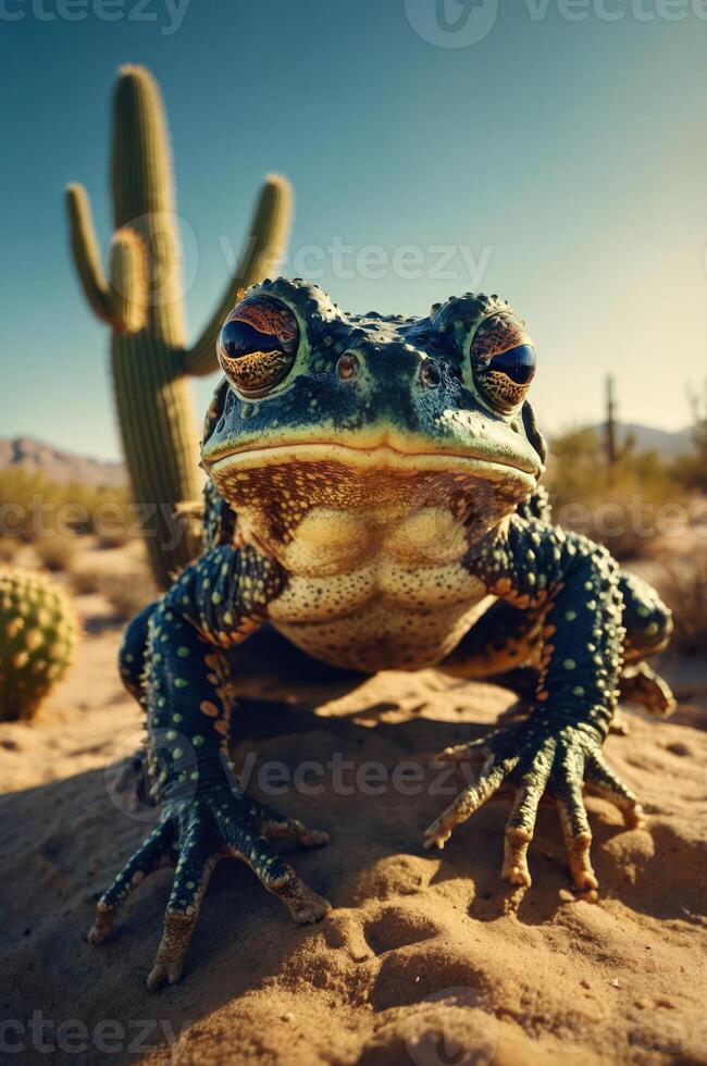 A close-up of a vibrant frog in a desert landscape with cacti in the background. photo