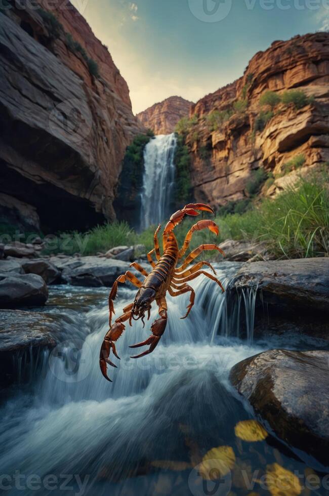 A surreal scene of a crab leaping over a waterfall in a canyon landscape. photo