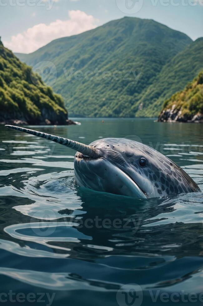 A narwhal surfaces in tranquil waters surrounded by lush mountains. photo