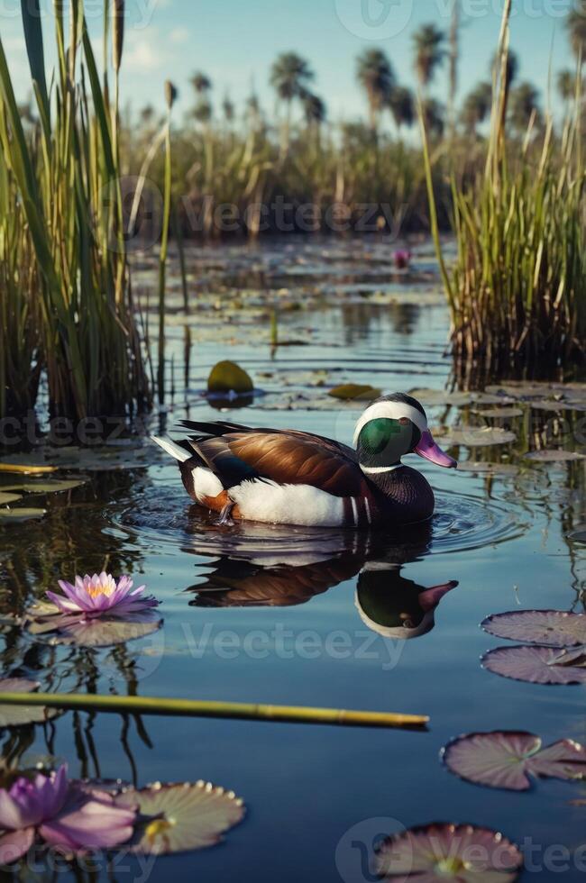 A colorful duck swims in a serene wetland, surrounded by lily pads and tall grasses. photo