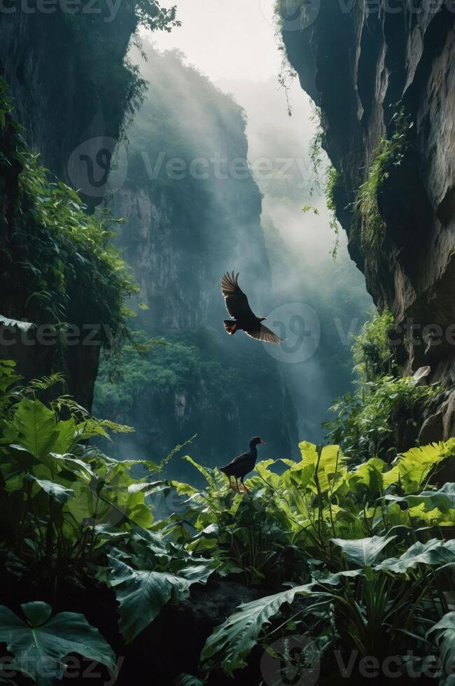 A serene jungle scene with birds flying amidst lush greenery and dramatic cliffs. photo