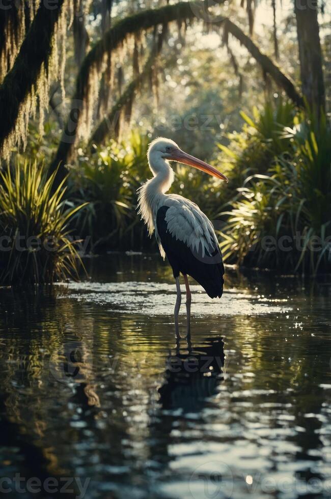 A solitary stork stands in a serene wetland, surrounded by lush greenery and reflections. photo