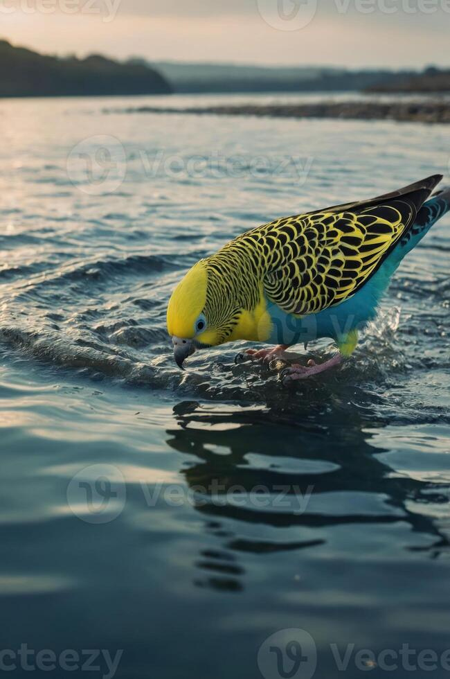 A colorful bird wades in shallow water, creating ripples in a serene landscape. photo