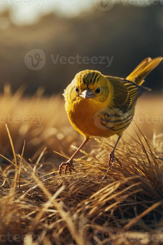 A close-up of a vibrant yellow bird walking through dry grass in a natural setting. photo