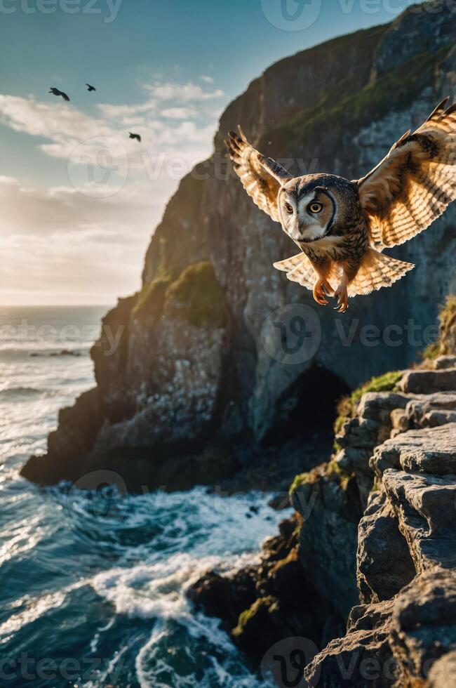 A majestic owl soars over a rocky coastal landscape at sunset, embodying nature's beauty. photo