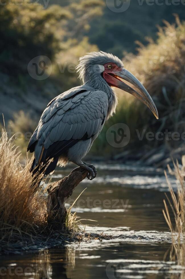 A large bird perched by a waterway, showcasing its distinctive features and habitat. photo