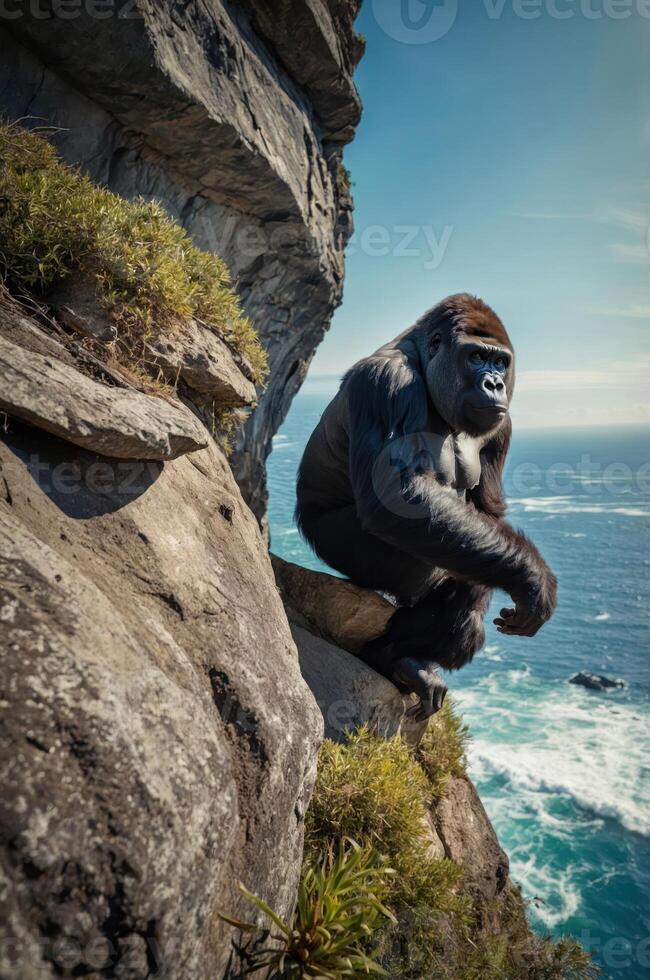 A gorilla perched on a rocky cliff overlooking the ocean, showcasing nature's beauty. photo