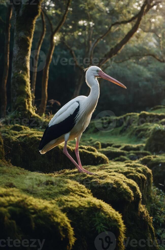 A stork stands gracefully on mossy ground in a serene forest setting. photo