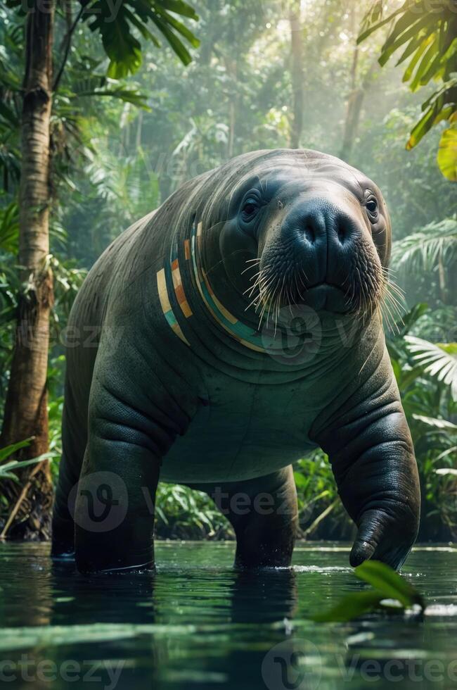 A large, aquatic mammal stands in a lush, tropical environment, showcasing its unique features. photo