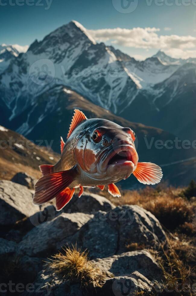 A surreal image of a fish hovering above rocky terrain with mountains in the background. photo