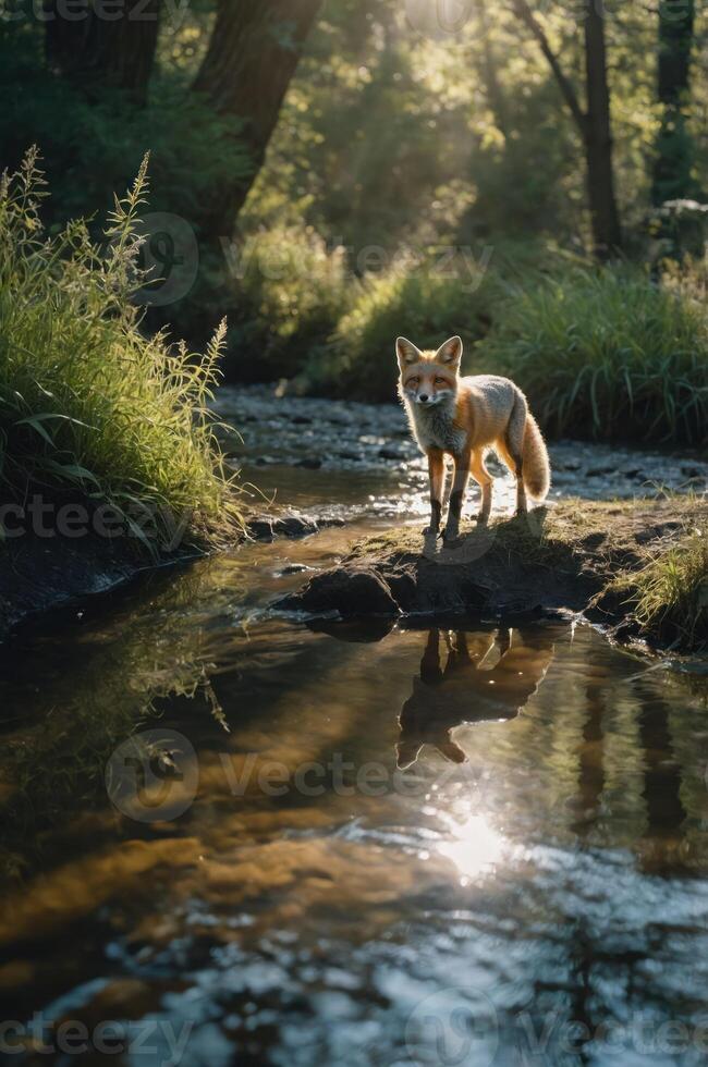 A fox stands by a serene stream, illuminated by soft sunlight filtering through trees. photo