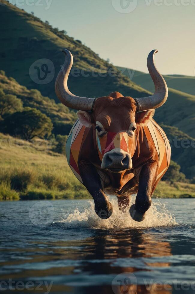 A colorful, geometric-patterned bull leaps through water in a scenic landscape. photo