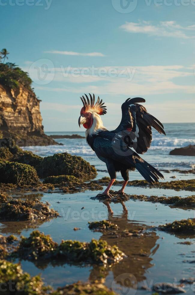 A unique bird stands on the shore, showcasing its colorful feathers against a coastal backdrop. photo