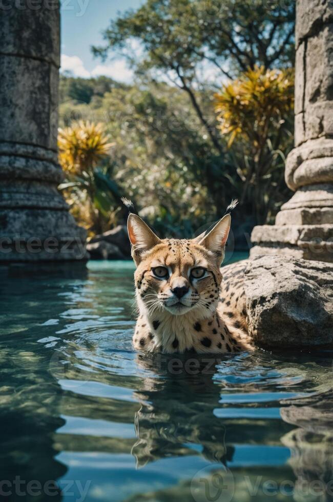 A serval cat wading in clear water between ancient stone columns in a lush environment. photo