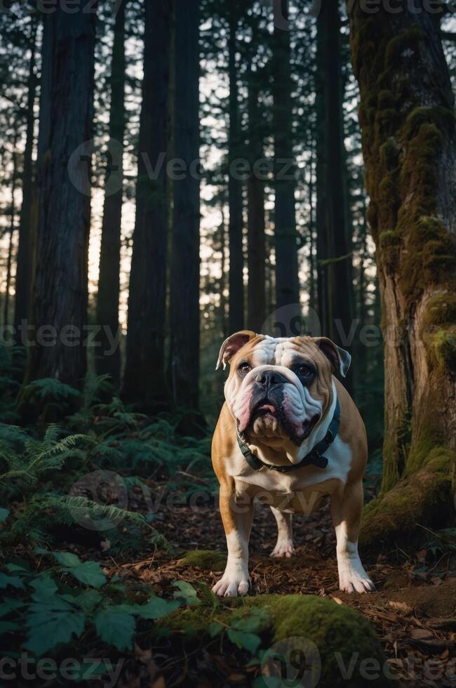 A bulldog stands in a serene forest, surrounded by tall trees and soft moss. photo