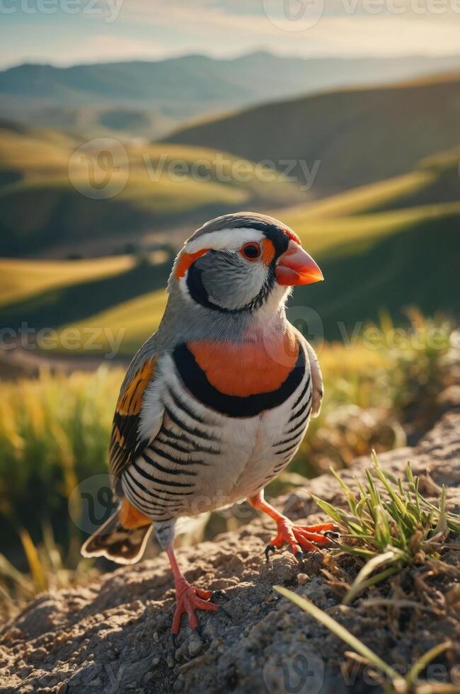 A colorful bird stands on a rock with a scenic landscape in the background. photo