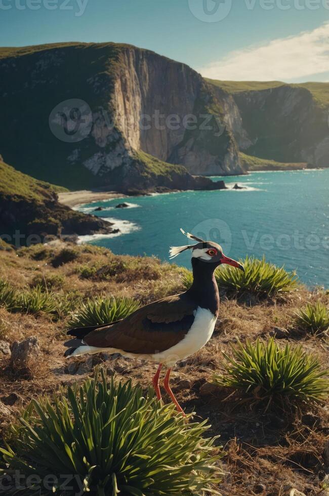 A colorful bird stands on a grassy cliff overlooking a scenic coastal landscape. photo