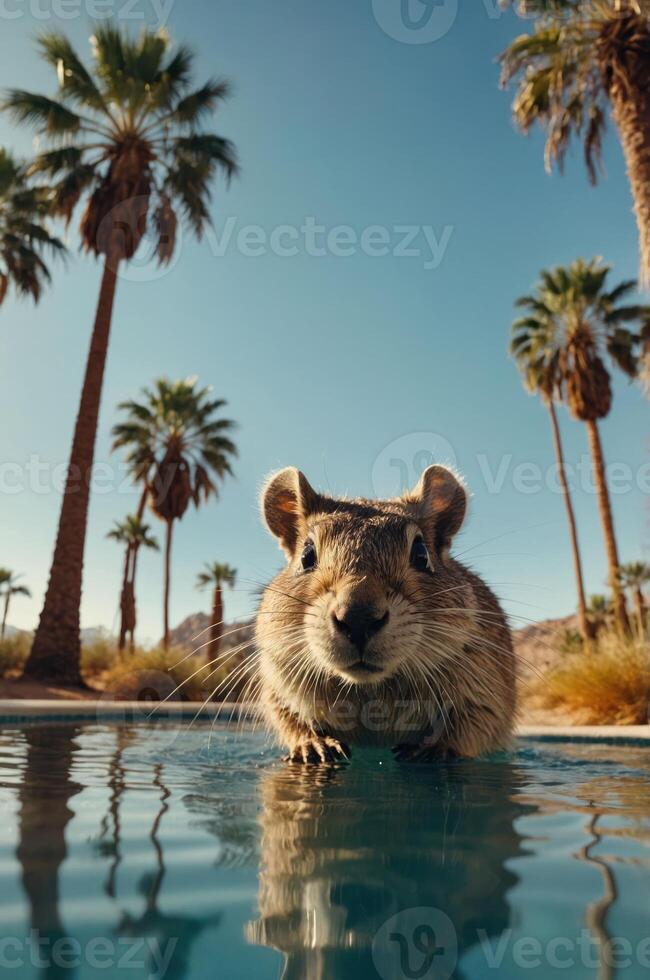 A close-up of a curious squirrel near a pool surrounded by palm trees and desert scenery. photo